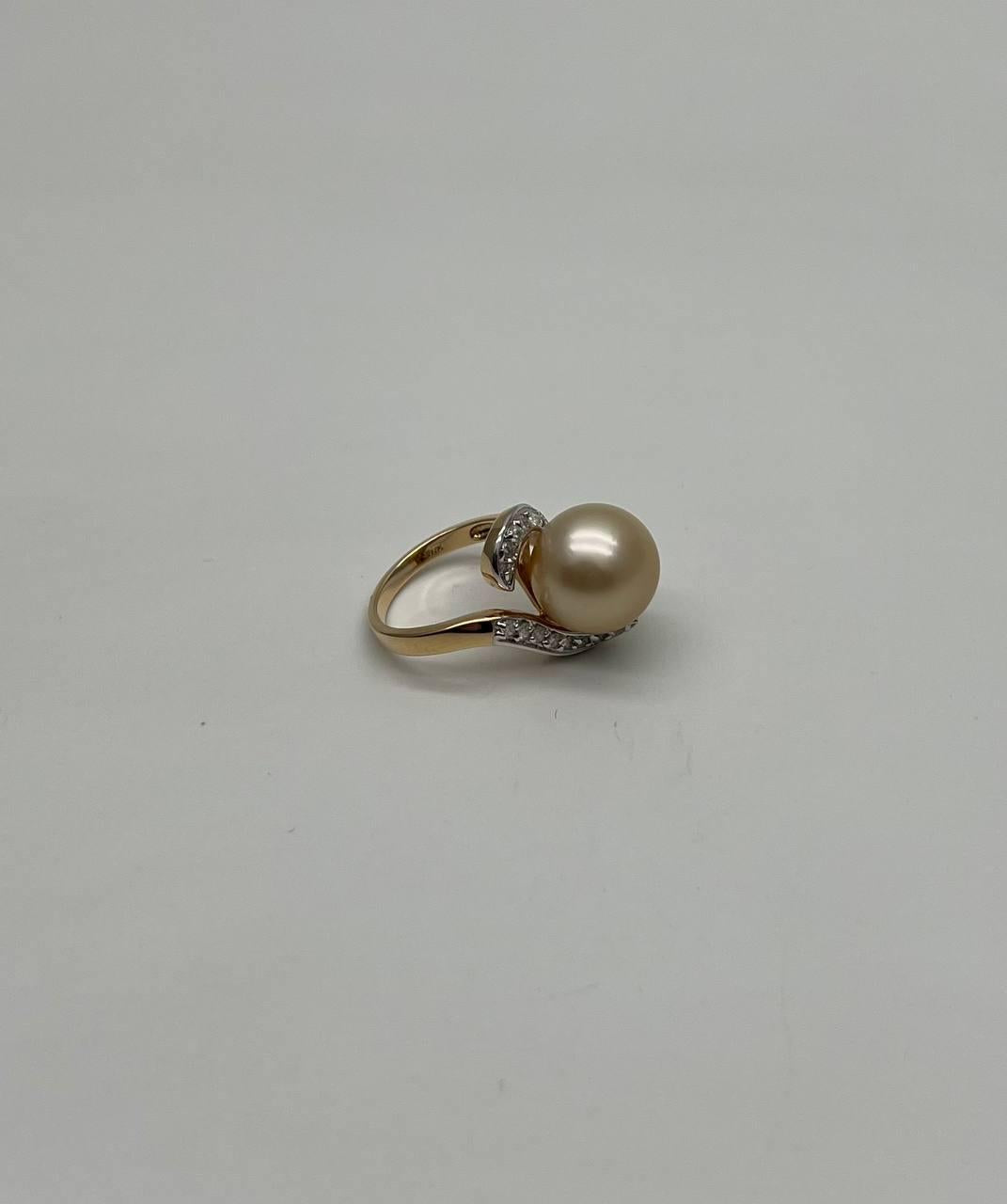 Golden Yellow South Sea Pearl Diamond Spiral Curve14K Yellow Gold Statement Ring