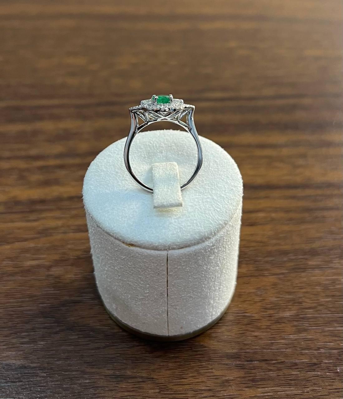 Two Stone Oval Shape Green Emerald Diamond Pave Halo Shield 14K White Gold Ring