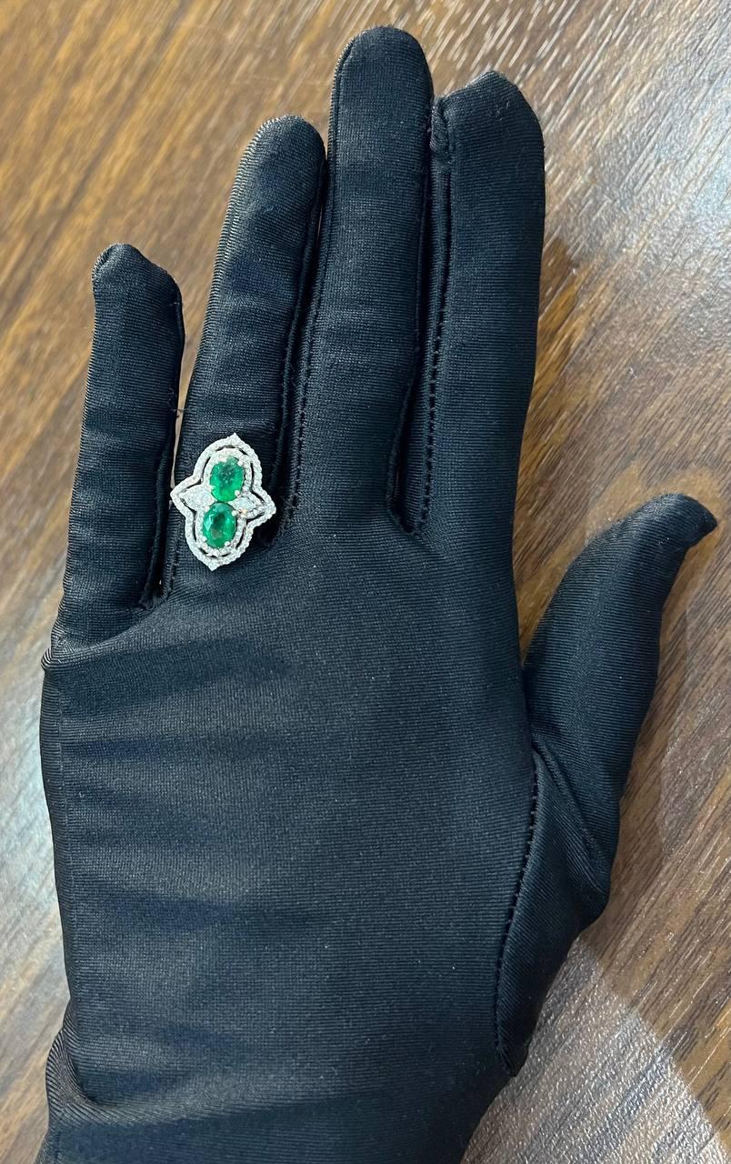 Two Stone Oval Shape Green Emerald Diamond Pave Halo Shield 14K White Gold Ring