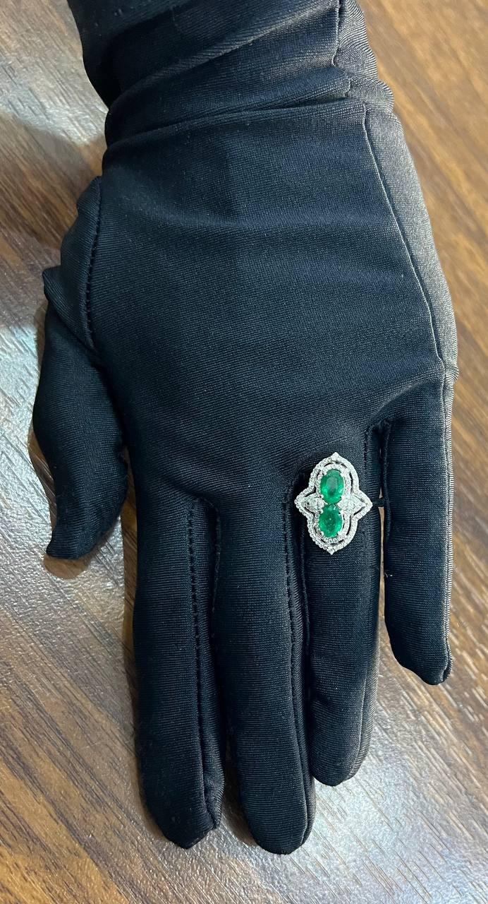 Two Stone Oval Shape Green Emerald Diamond Pave Halo Shield 14K White Gold Ring