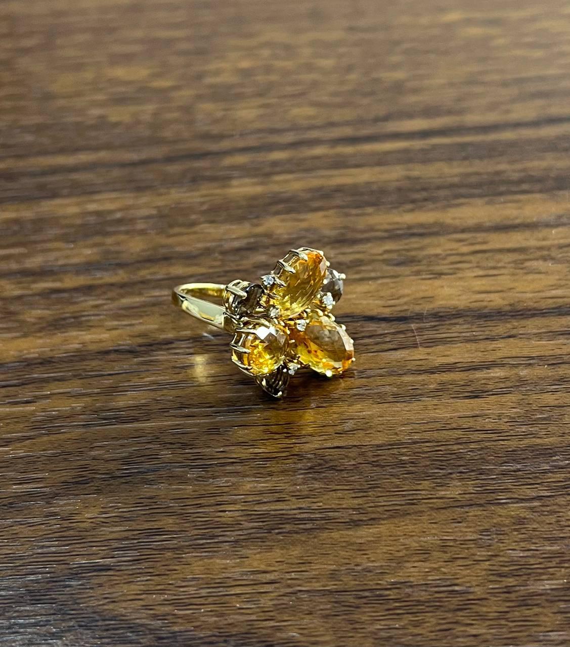 Orange Amber Citrines & Brown Smoky Quartz Yellow Gold Cluster Statement Ring