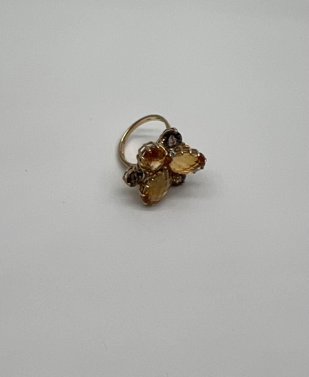 Orange Amber Citrines & Brown Smoky Quartz Yellow Gold Cluster Statement Ring