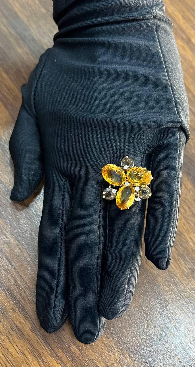 Orange Amber Citrines & Brown Smoky Quartz Yellow Gold Cluster Statement Ring