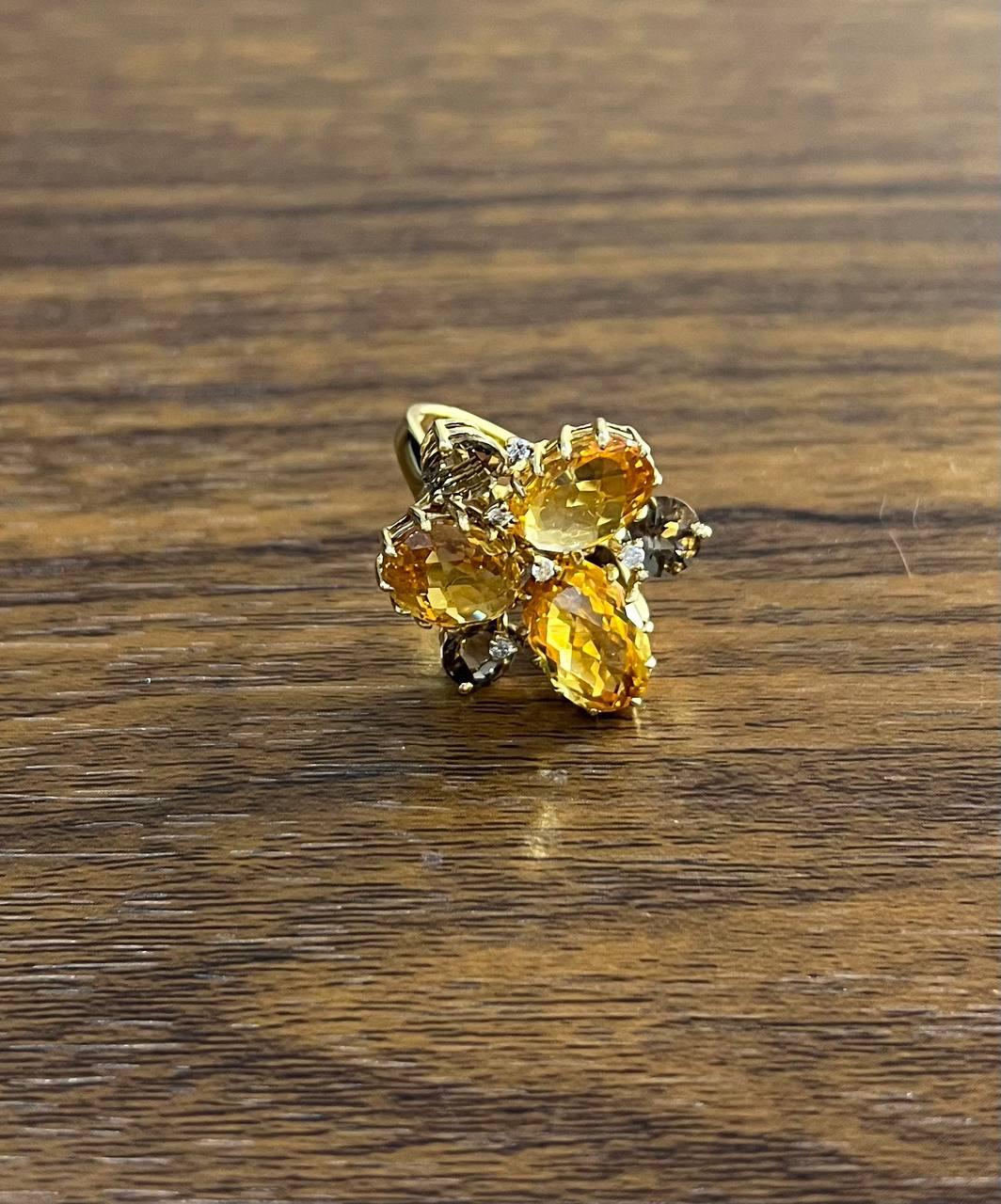 Orange Amber Citrines & Brown Smoky Quartz Yellow Gold Cluster Statement Ring