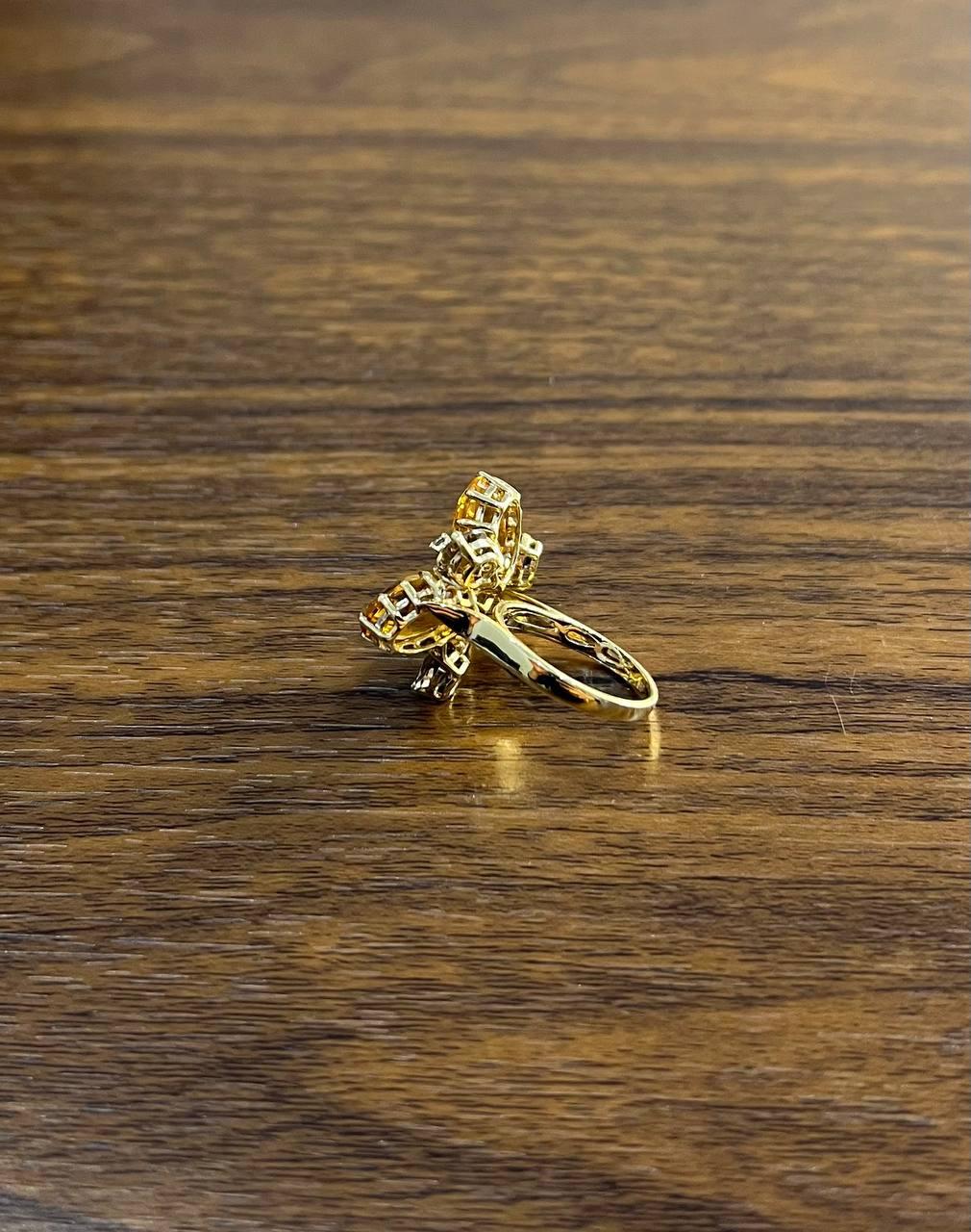 Orange Amber Citrines & Brown Smoky Quartz Yellow Gold Cluster Statement Ring
