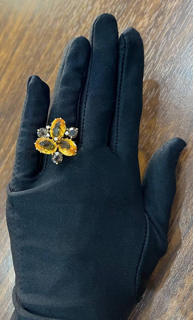 Orange Amber Citrines & Brown Smoky Quartz Yellow Gold Cluster Statement Ring