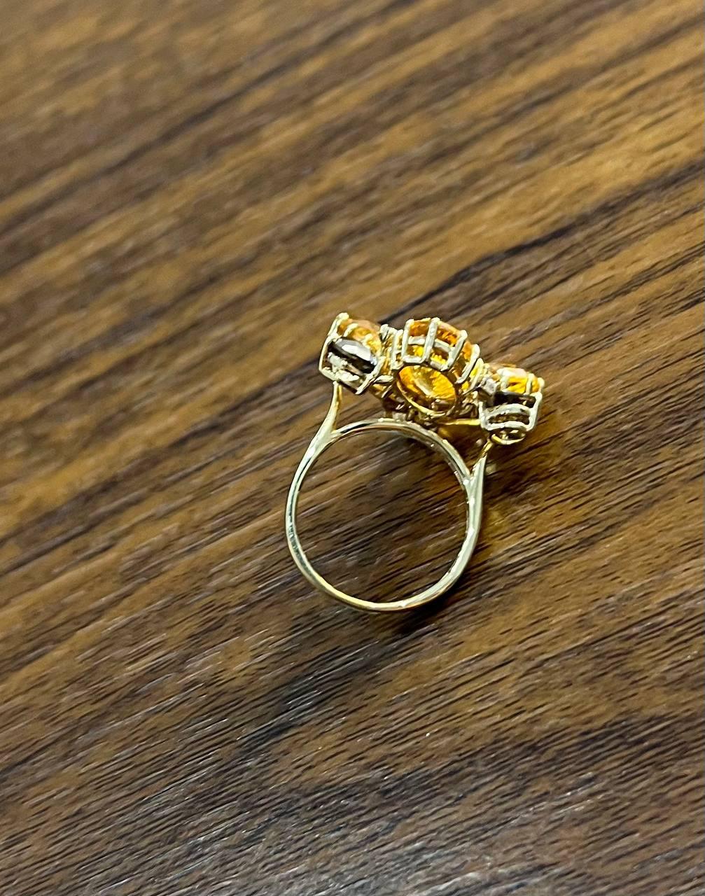 Orange Amber Citrines & Brown Smoky Quartz Yellow Gold Cluster Statement Ring