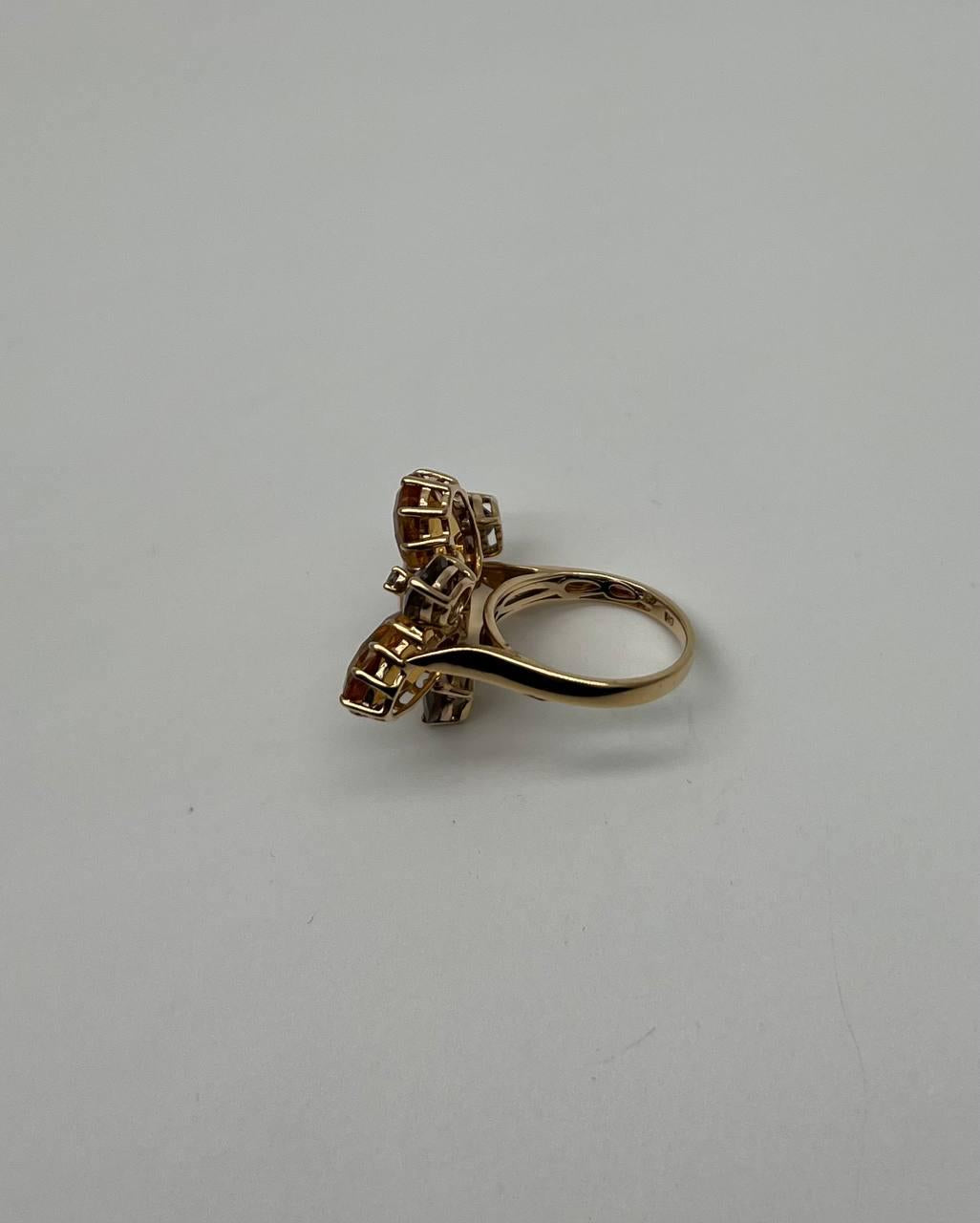 Orange Amber Citrines & Brown Smoky Quartz Yellow Gold Cluster Statement Ring