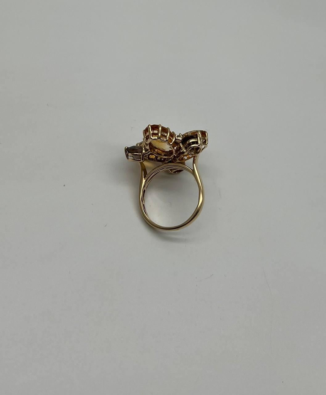 Orange Amber Citrines & Brown Smoky Quartz Yellow Gold Cluster Statement Ring