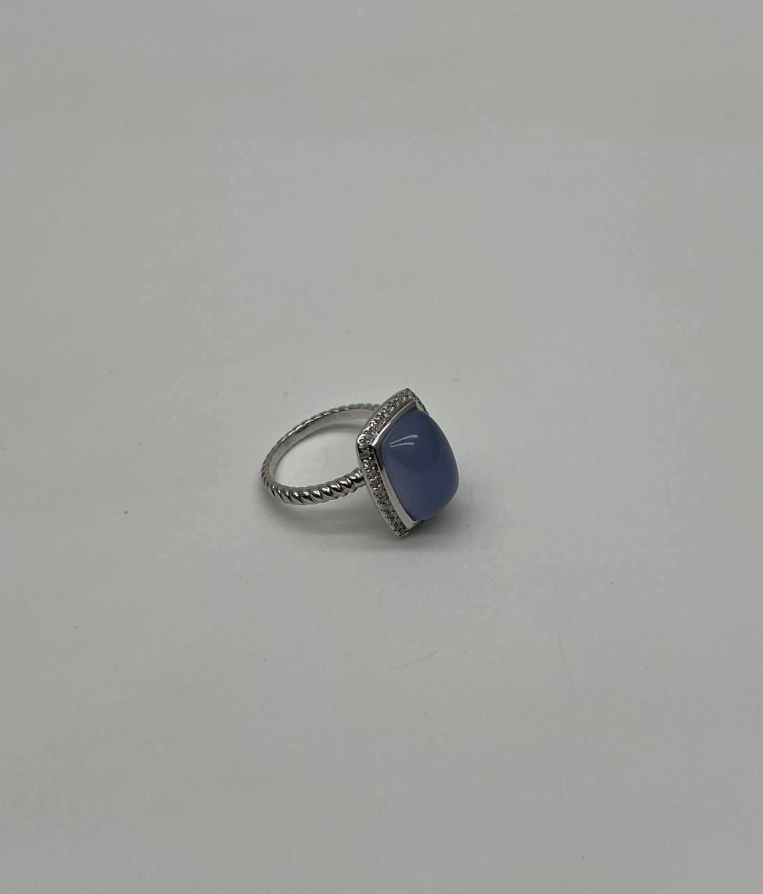 Blue Violet Chalcedony Diamond Halo 14K White Gold Statement Huggie Ring