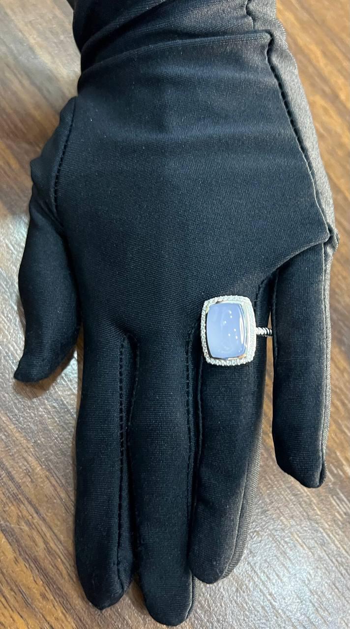 Blue Violet Chalcedony Diamond Halo 14K White Gold Statement Huggie Ring