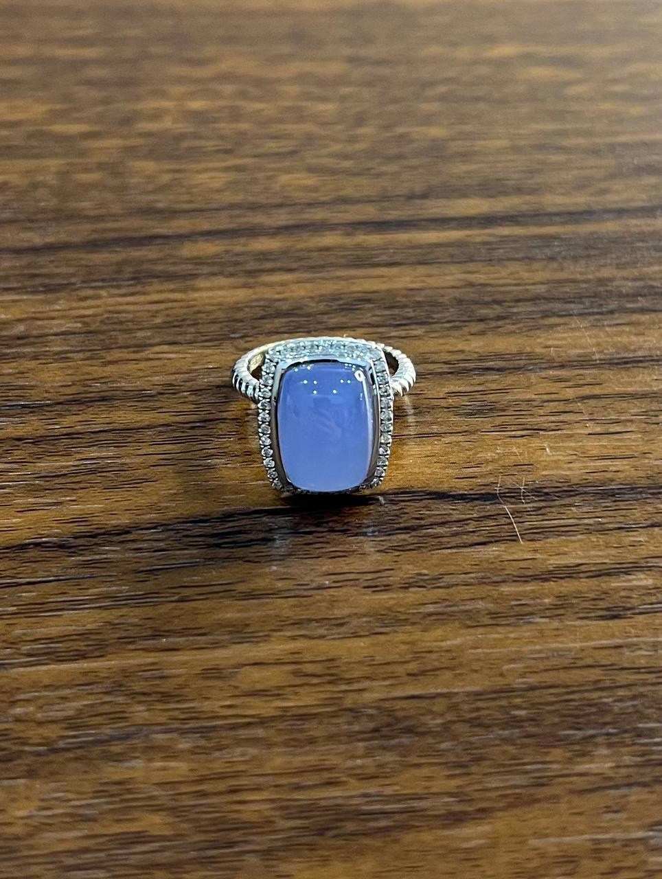 Blue Violet Chalcedony Diamond Halo 14K White Gold Statement Huggie Ring