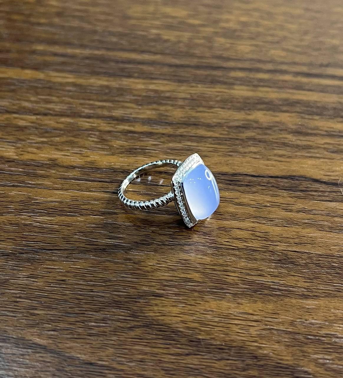 Blue Violet Chalcedony Diamond Halo 14K White Gold Statement Huggie Ring