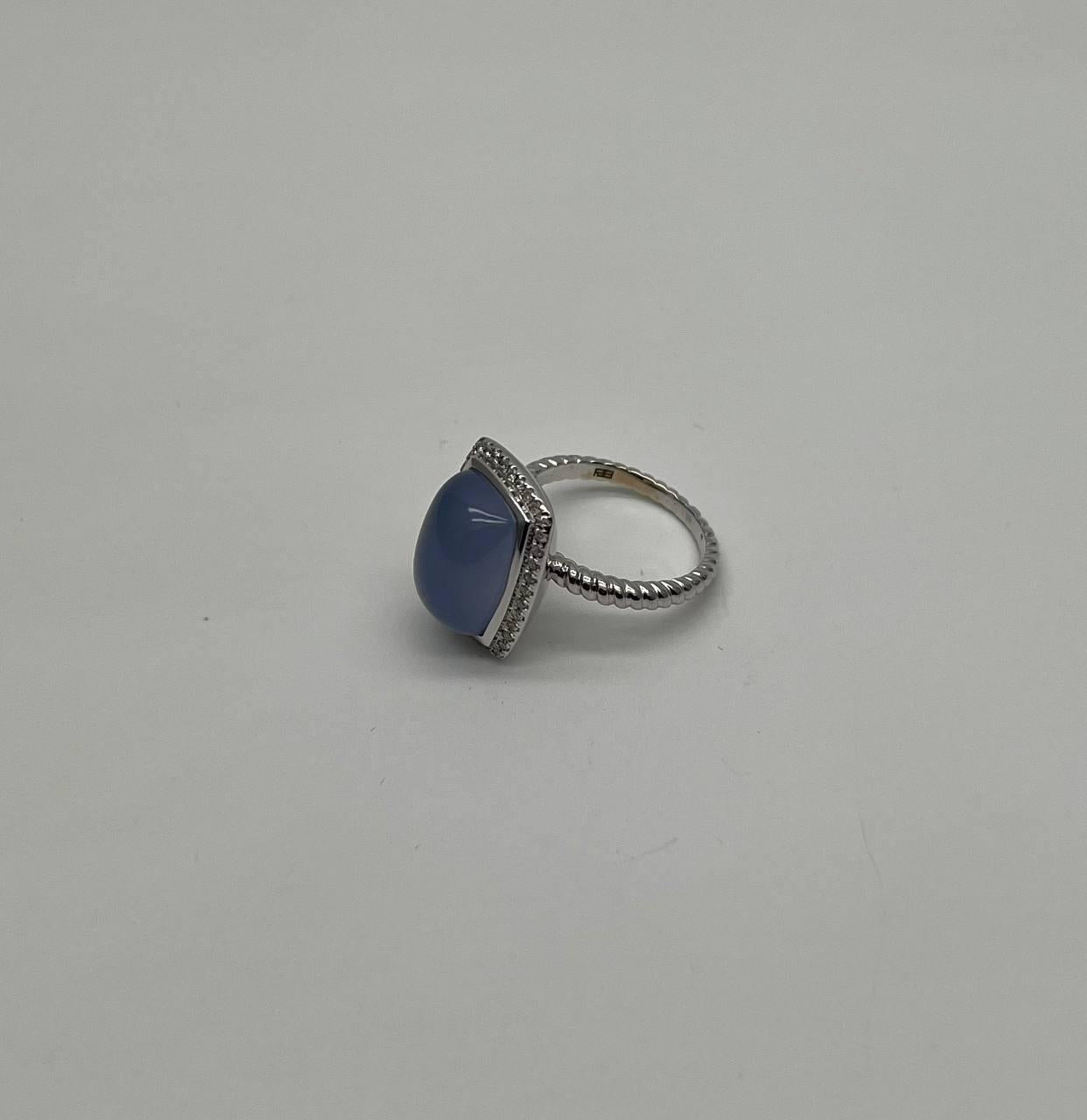 Blue Violet Chalcedony Diamond Halo 14K White Gold Statement Huggie Ring