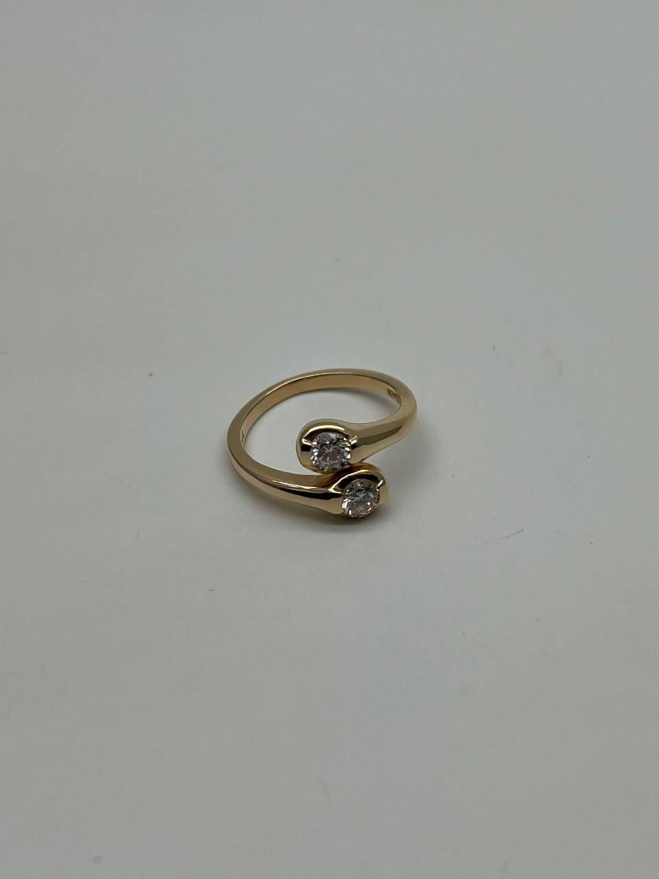 Two Stone Round Diamond Bypass 14K Yellow Gold Statement Ring