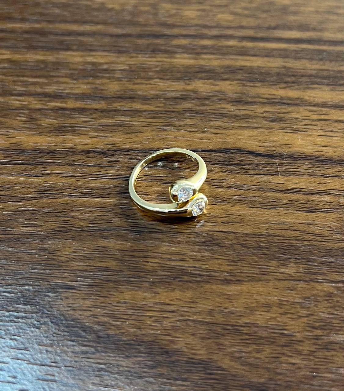 Two Stone Round Diamond Bypass 14K Yellow Gold Statement Ring
