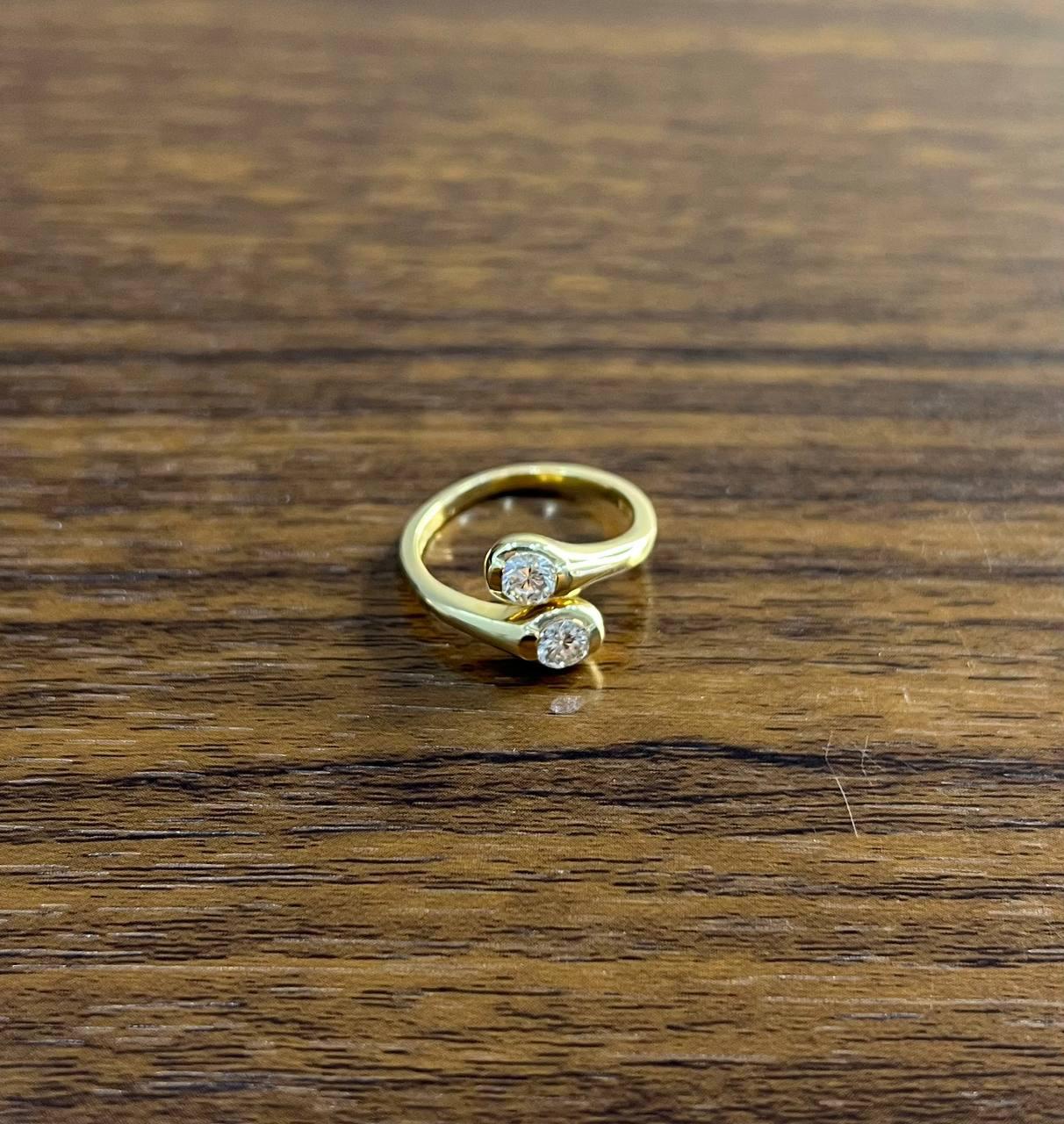 Two Stone Round Diamond Bypass 14K Yellow Gold Statement Ring