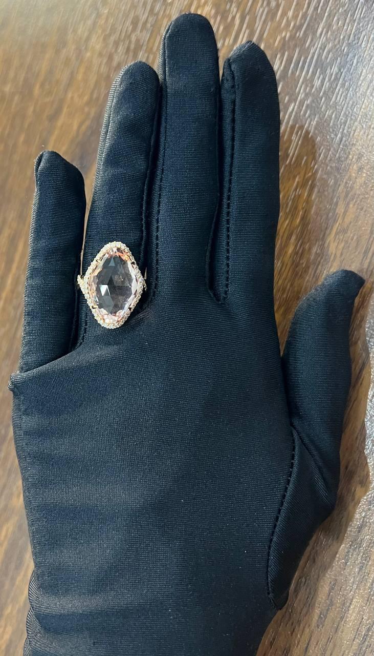Fancy Shield Kite Shape Peach Pink Morganite Diamonds Halo 18K Rose Gold Ring