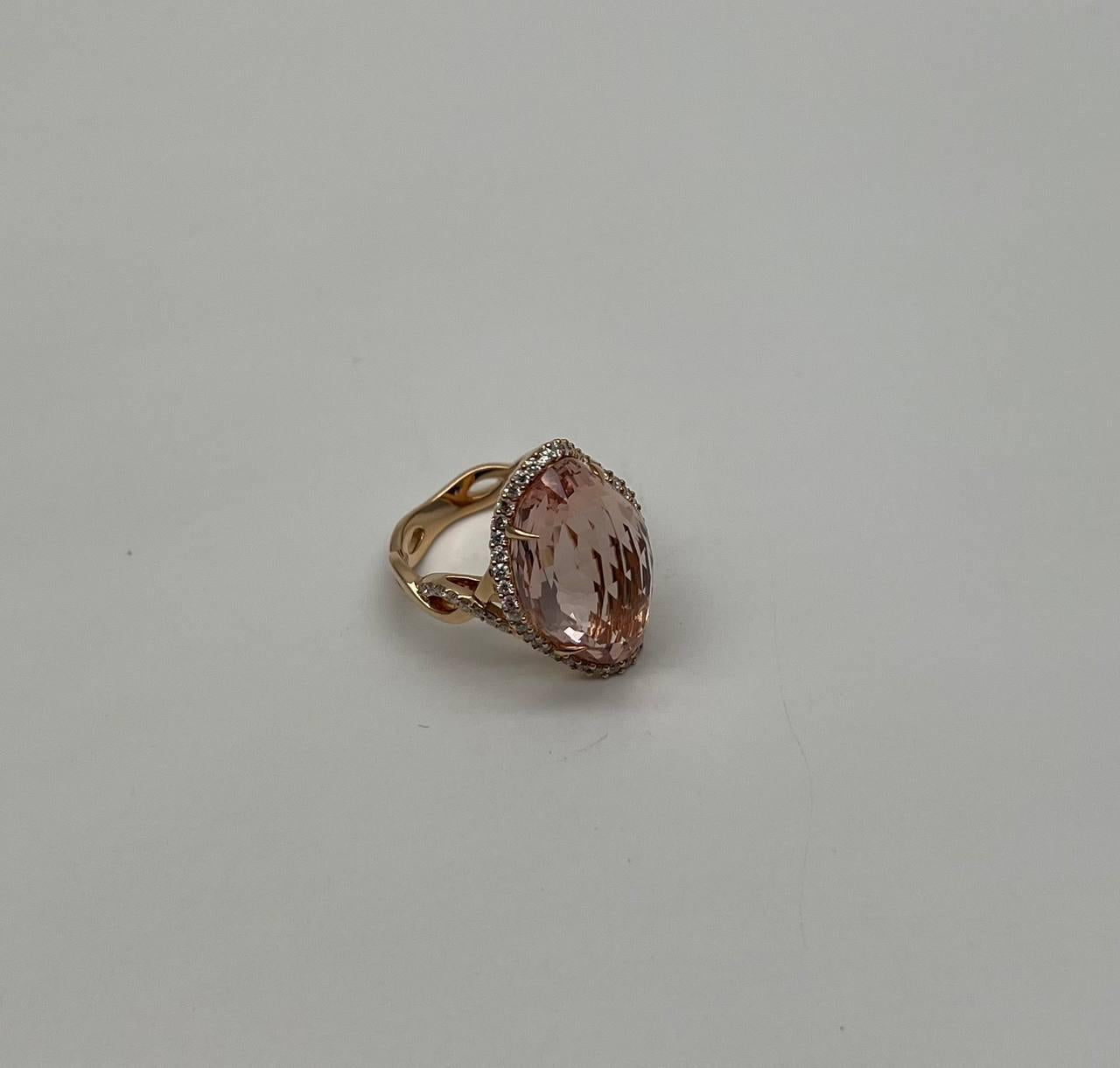 Fancy Shield Kite Shape Peach Pink Morganite Diamonds Halo 18K Rose Gold Ring