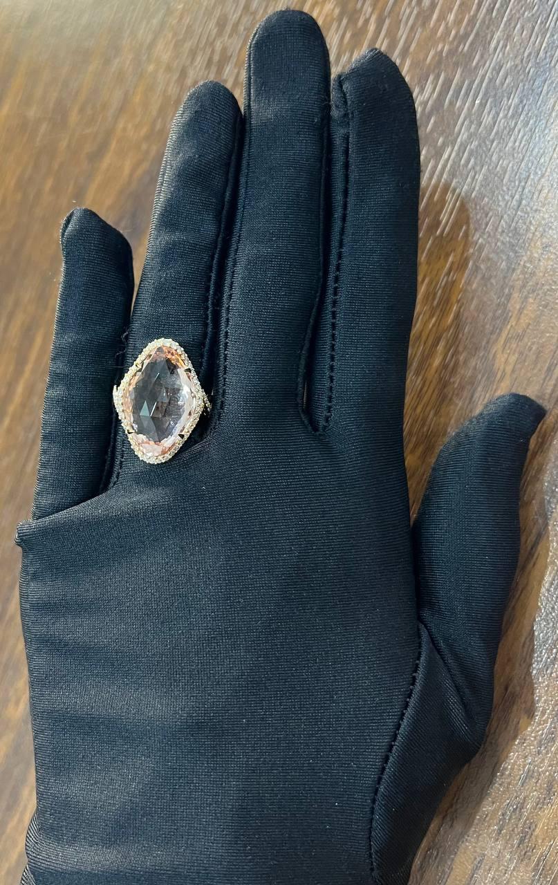 Fancy Shield Kite Shape Peach Pink Morganite Diamonds Halo 18K Rose Gold Ring