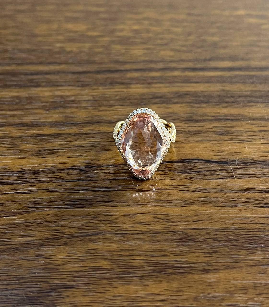Fancy Shield Kite Shape Peach Pink Morganite Diamonds Halo 18K Rose Gold Ring