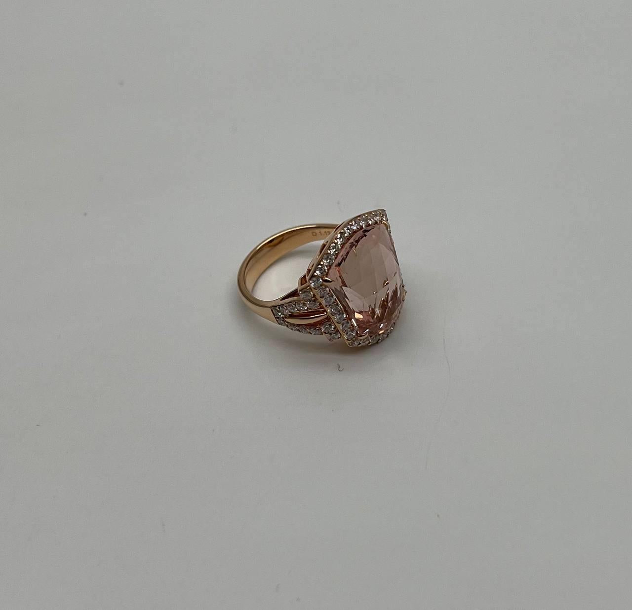 Shield Kite Shape Peach Pink Morganite Diamond Halo 18K Rose Gold Fancy Ring