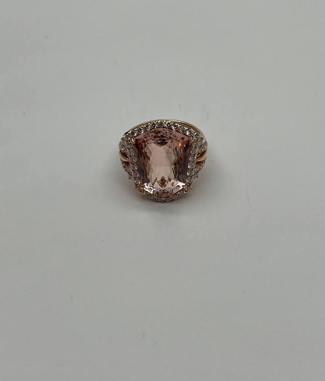 Shield Kite Shape Peach Pink Morganite Diamond Halo 18K Rose Gold Fancy Ring
