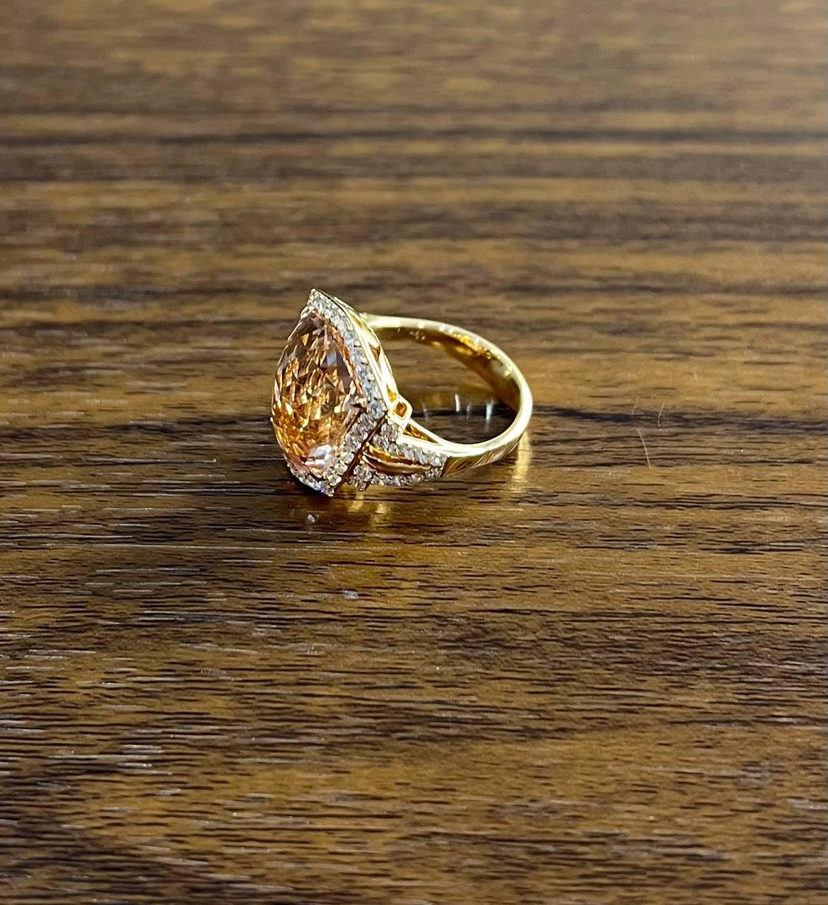 Shield Kite Shape Peach Pink Morganite Diamond Halo 18K Rose Gold Fancy Ring