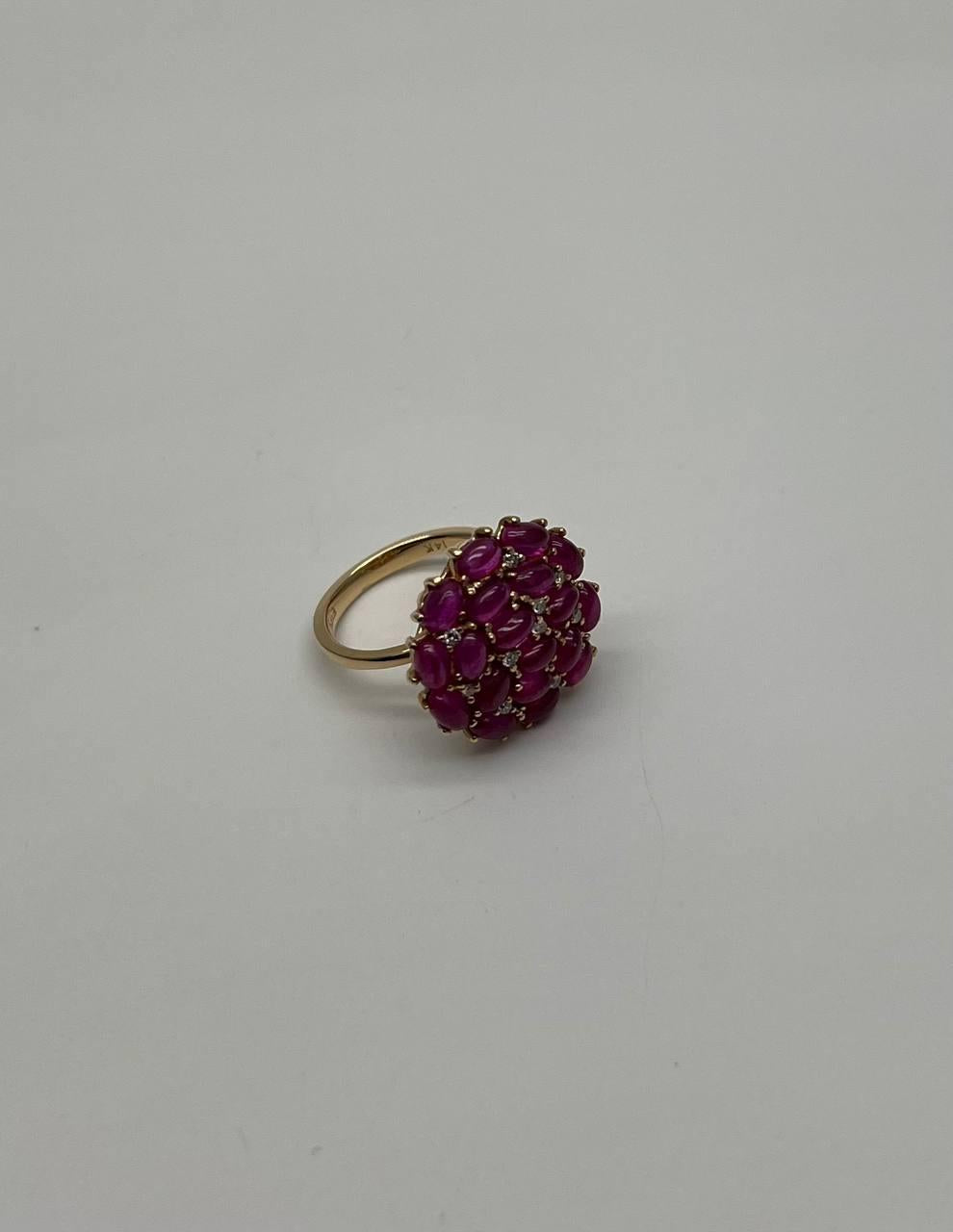 Pink Red Ruby Cabochon Cluster Diamond Pave Rose Gold Statement Cocktail Ring