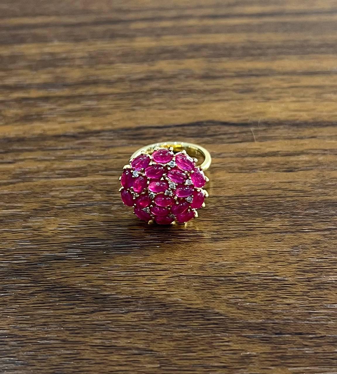 Pink Red Ruby Cabochon Cluster Diamond Pave Rose Gold Statement Cocktail Ring