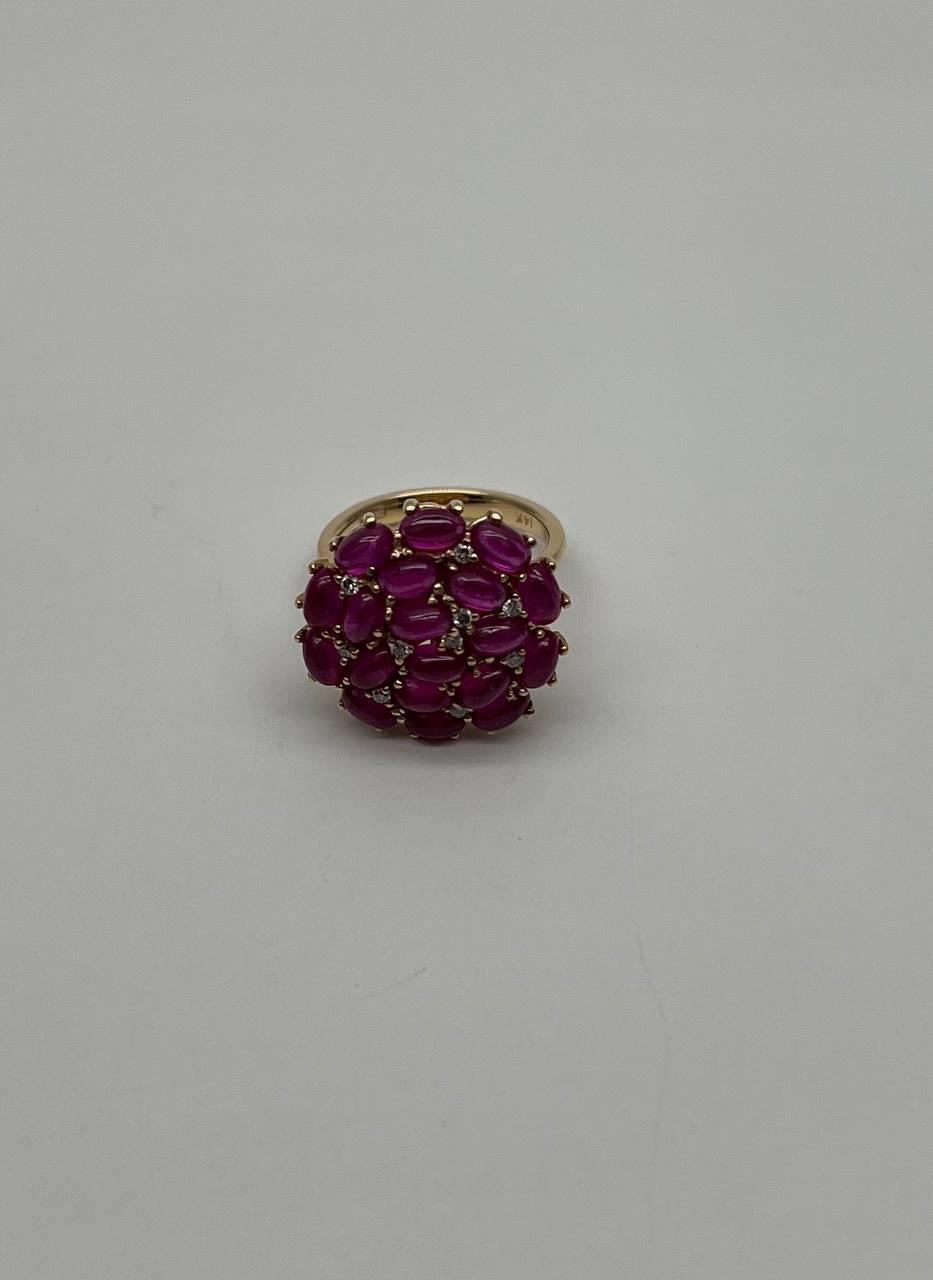 Pink Red Ruby Cabochon Cluster Diamond Pave Rose Gold Statement Cocktail Ring