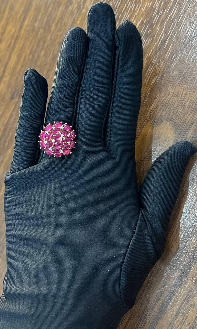 Pink Red Ruby Cabochon Cluster Diamond Pave Rose Gold Statement Cocktail Ring
