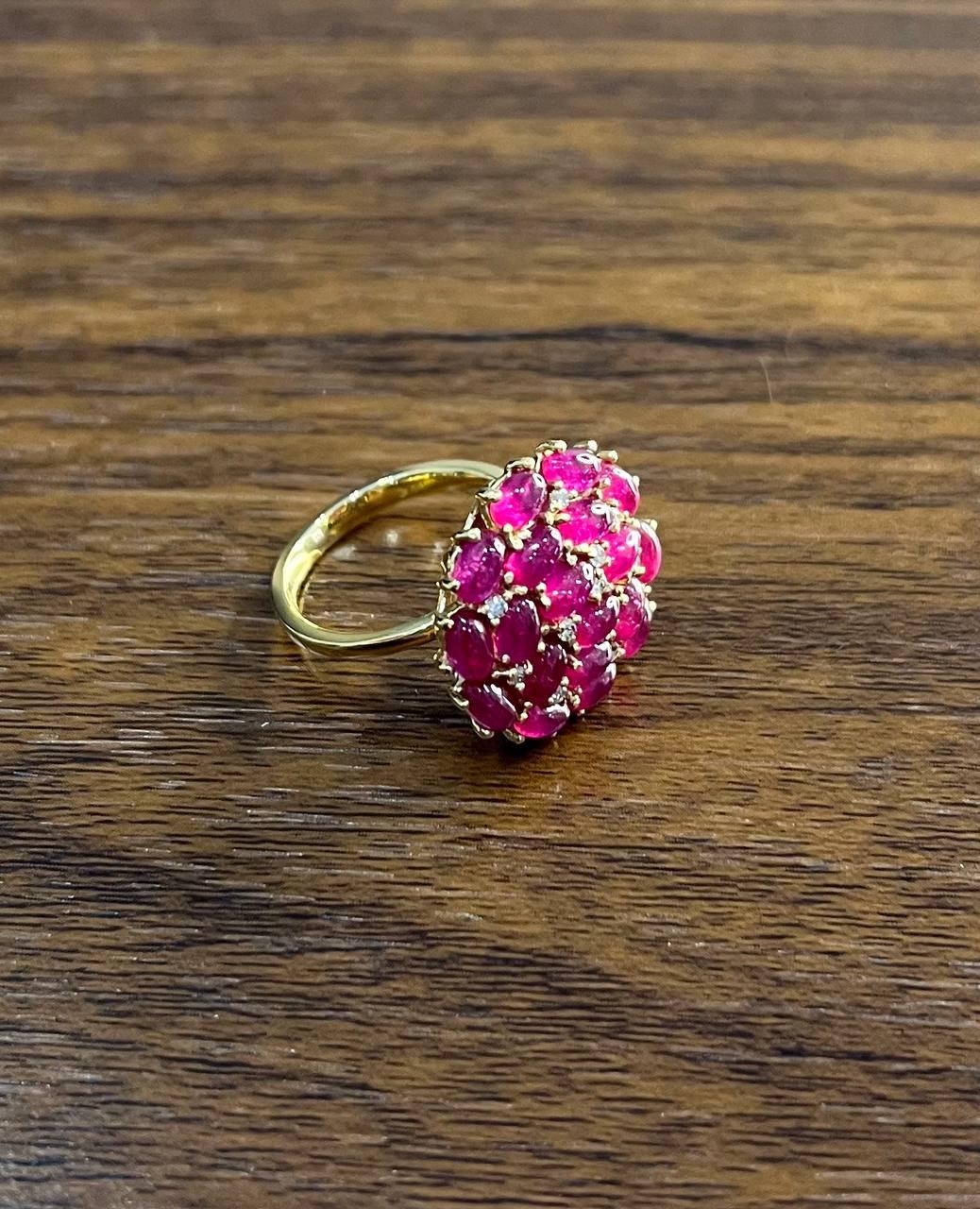 Pink Red Ruby Cabochon Cluster Diamond Pave Rose Gold Statement Cocktail Ring