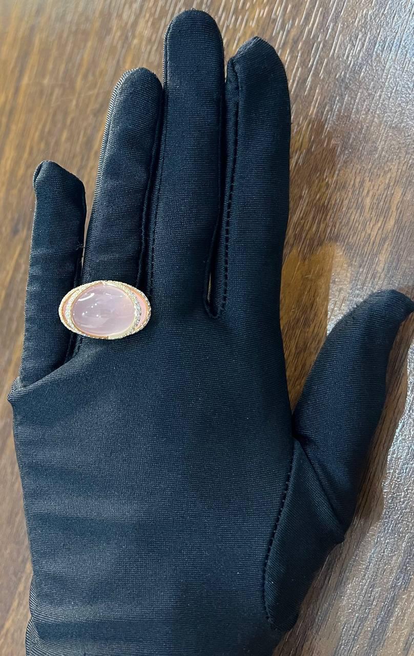 Pink Rose Quartz Fancy Cabochon Diamond Halo Waves 18K Rose Gold Cocktail Ring