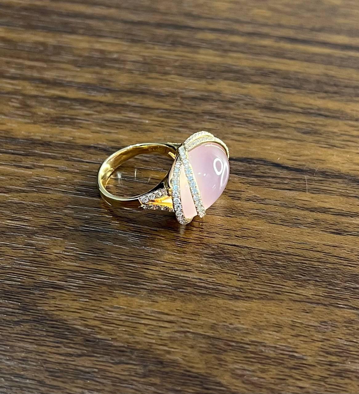 Pink Rose Quartz Fancy Cabochon Diamond Halo Waves 18K Rose Gold Cocktail Ring