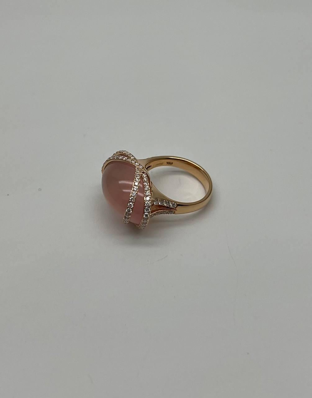 Pink Rose Quartz Fancy Cabochon Diamond Halo Waves 18K Rose Gold Cocktail Ring