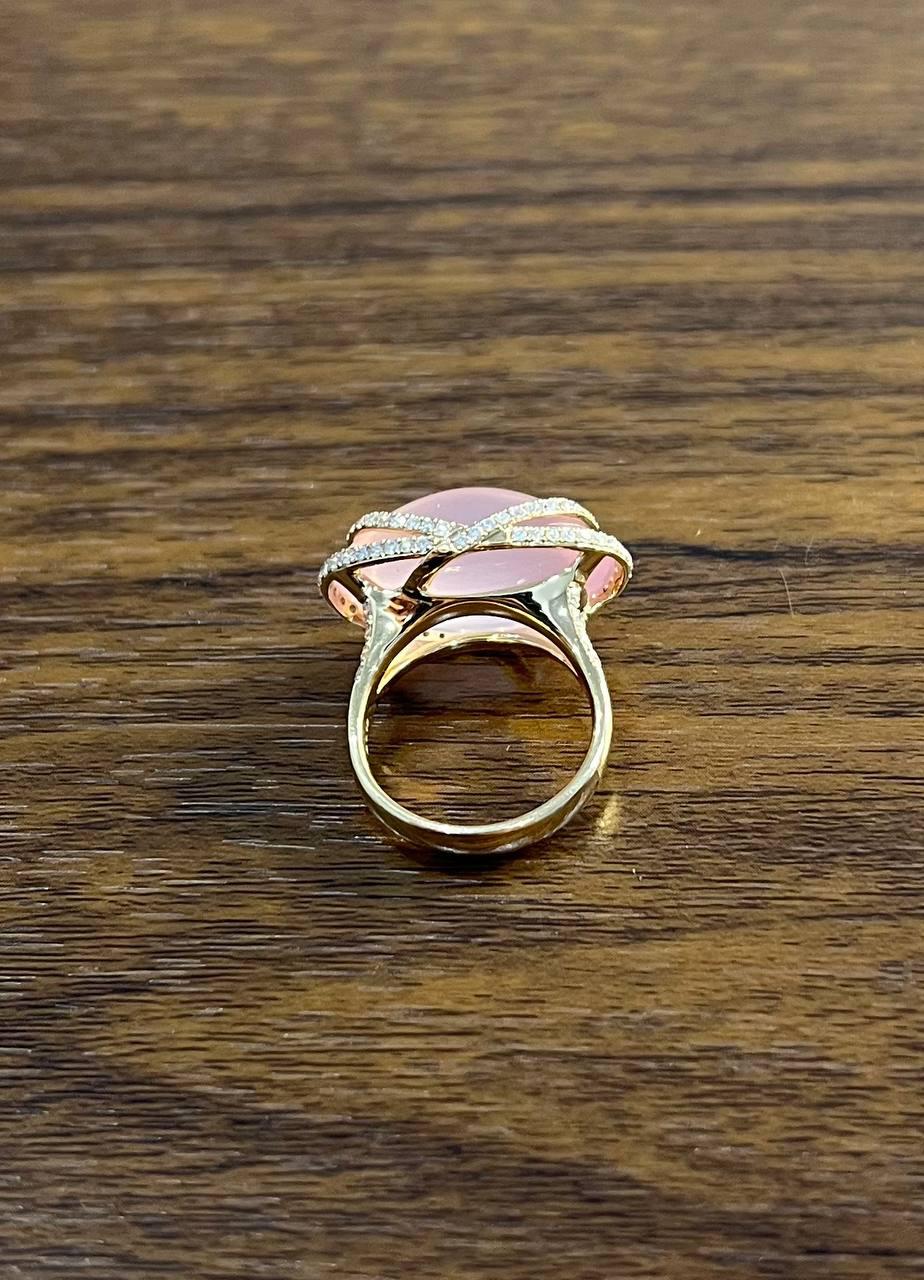 Pink Rose Quartz Fancy Cabochon Diamond Halo Waves 18K Rose Gold Cocktail Ring