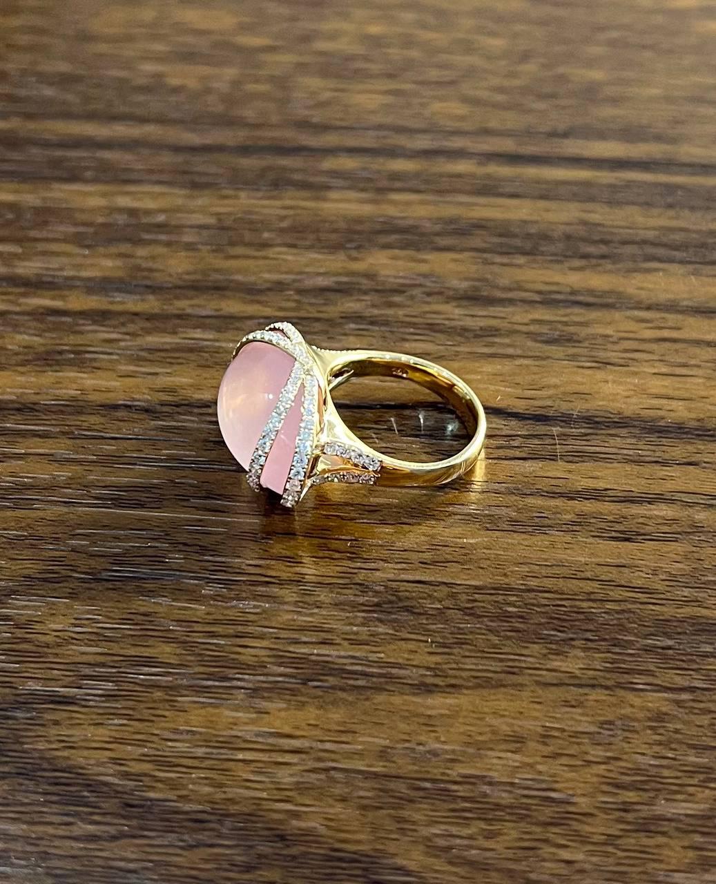Pink Rose Quartz Fancy Cabochon Diamond Halo Waves 18K Rose Gold Cocktail Ring