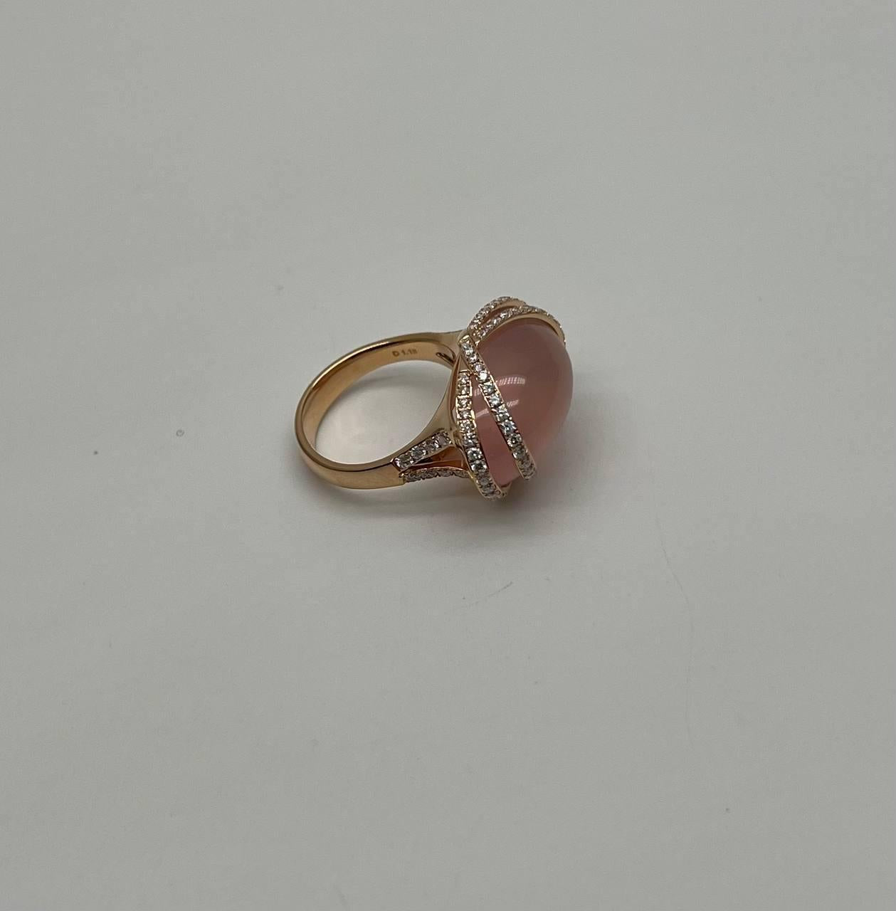 Pink Rose Quartz Fancy Cabochon Diamond Halo Waves 18K Rose Gold Cocktail Ring