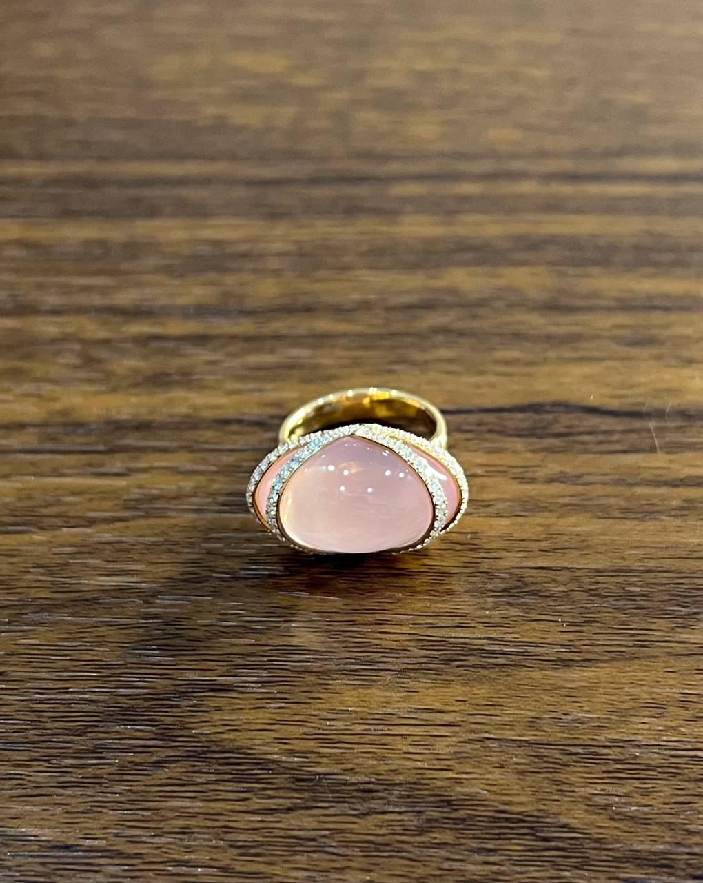 Pink Rose Quartz Fancy Cabochon Diamond Halo Waves 18K Rose Gold Cocktail Ring