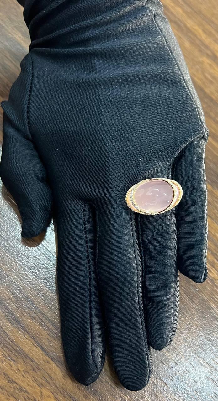 Pink Rose Quartz Fancy Cabochon Diamond Halo Waves 18K Rose Gold Cocktail Ring