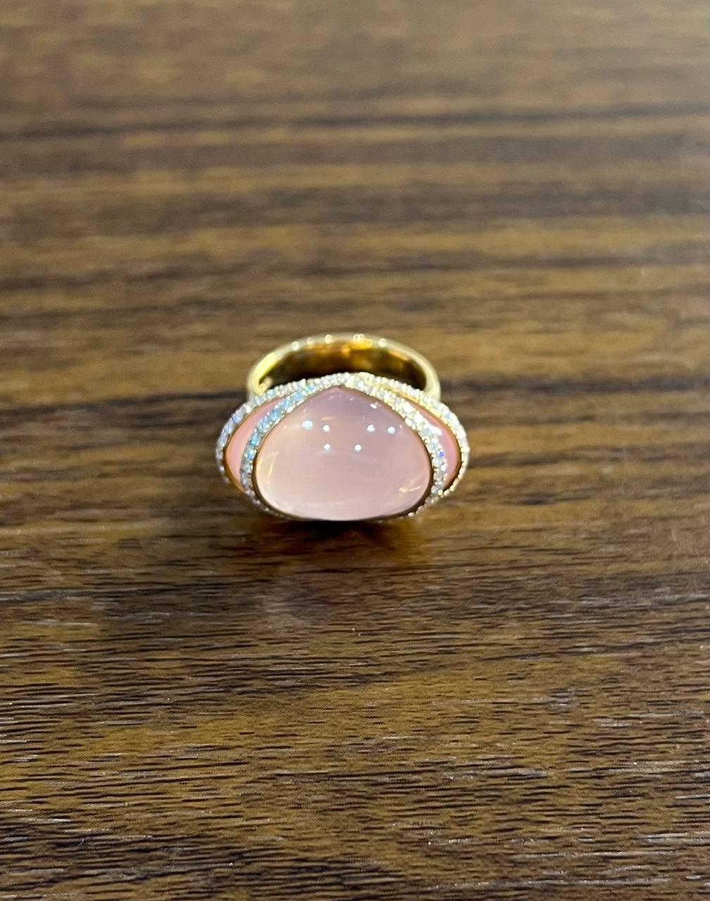 Pink Rose Quartz Fancy Cabochon Diamond Halo Waves 18K Rose Gold Cocktail Ring