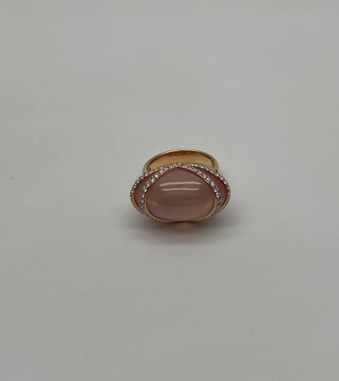 Pink Rose Quartz Fancy Cabochon Diamond Halo Waves 18K Rose Gold Cocktail Ring