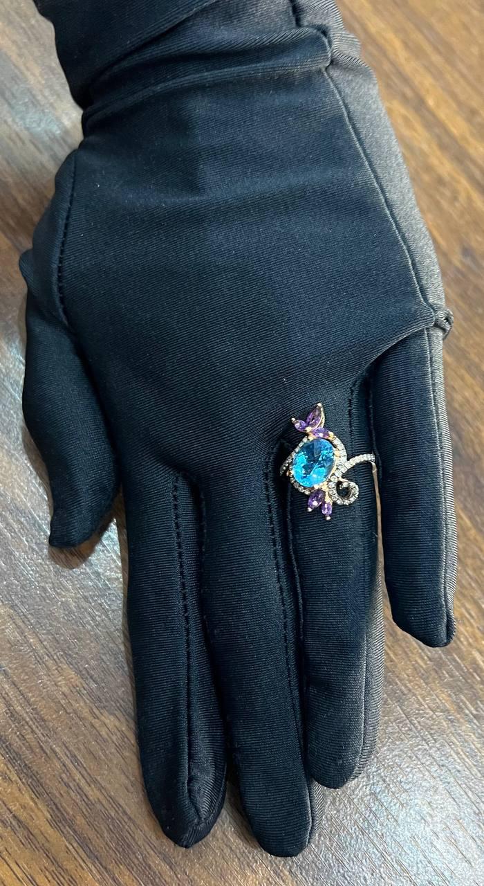 Oval Shape Swiss Blue Topaz Floral Flower Amethyst 14K Rose Gold Diamonds Ring
