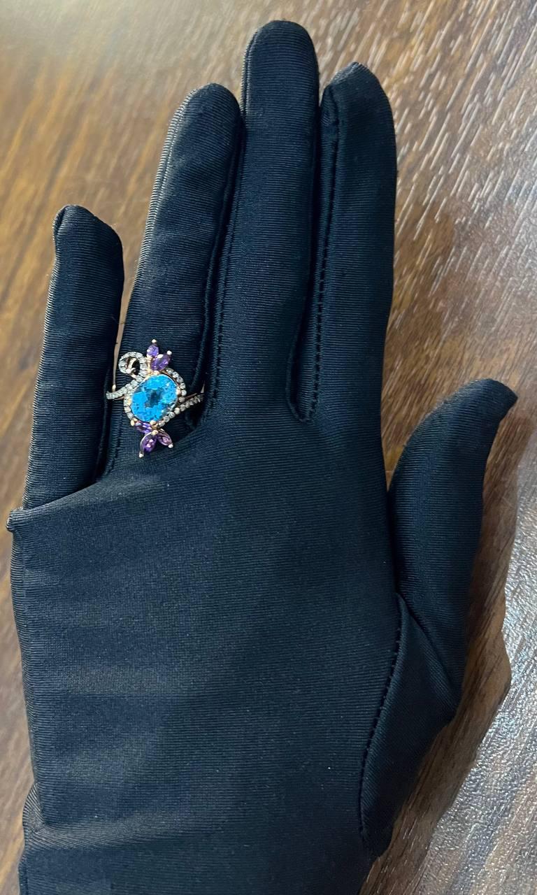 Oval Shape Swiss Blue Topaz Floral Flower Amethyst 14K Rose Gold Diamonds Ring