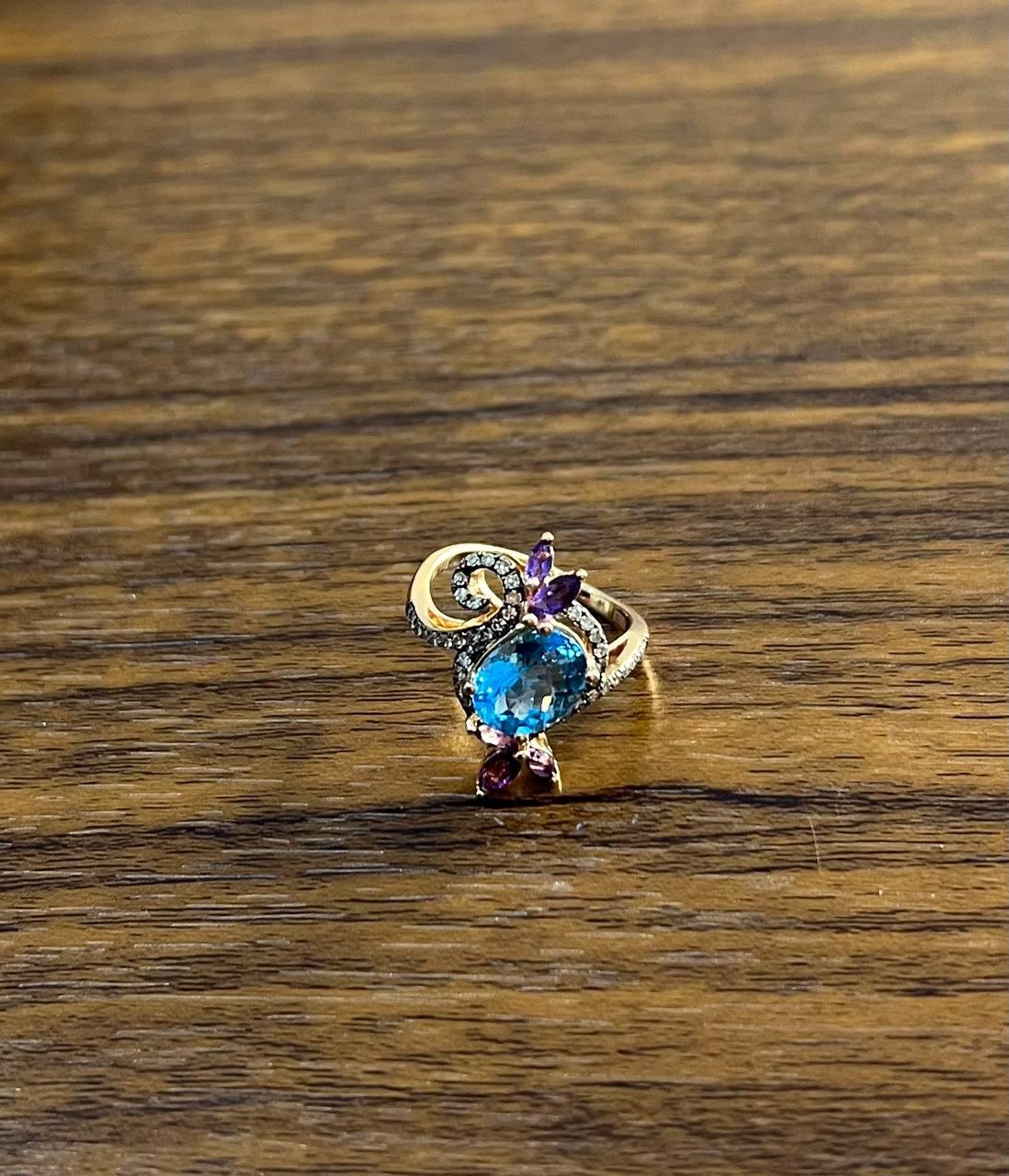 Oval Shape Swiss Blue Topaz Floral Flower Amethyst 14K Rose Gold Diamonds Ring