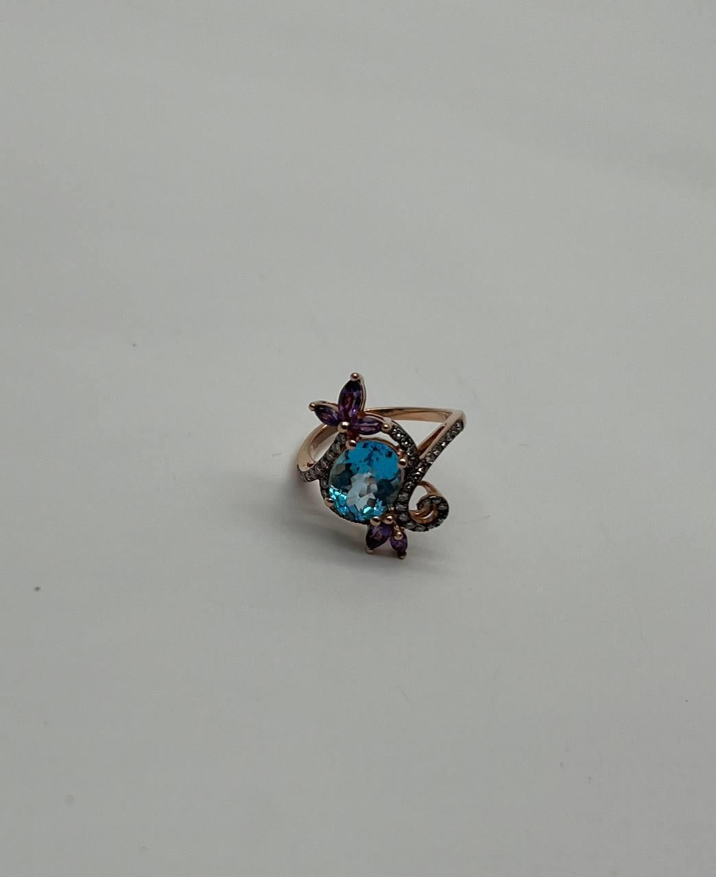 Oval Shape Swiss Blue Topaz Floral Flower Amethyst 14K Rose Gold Diamonds Ring