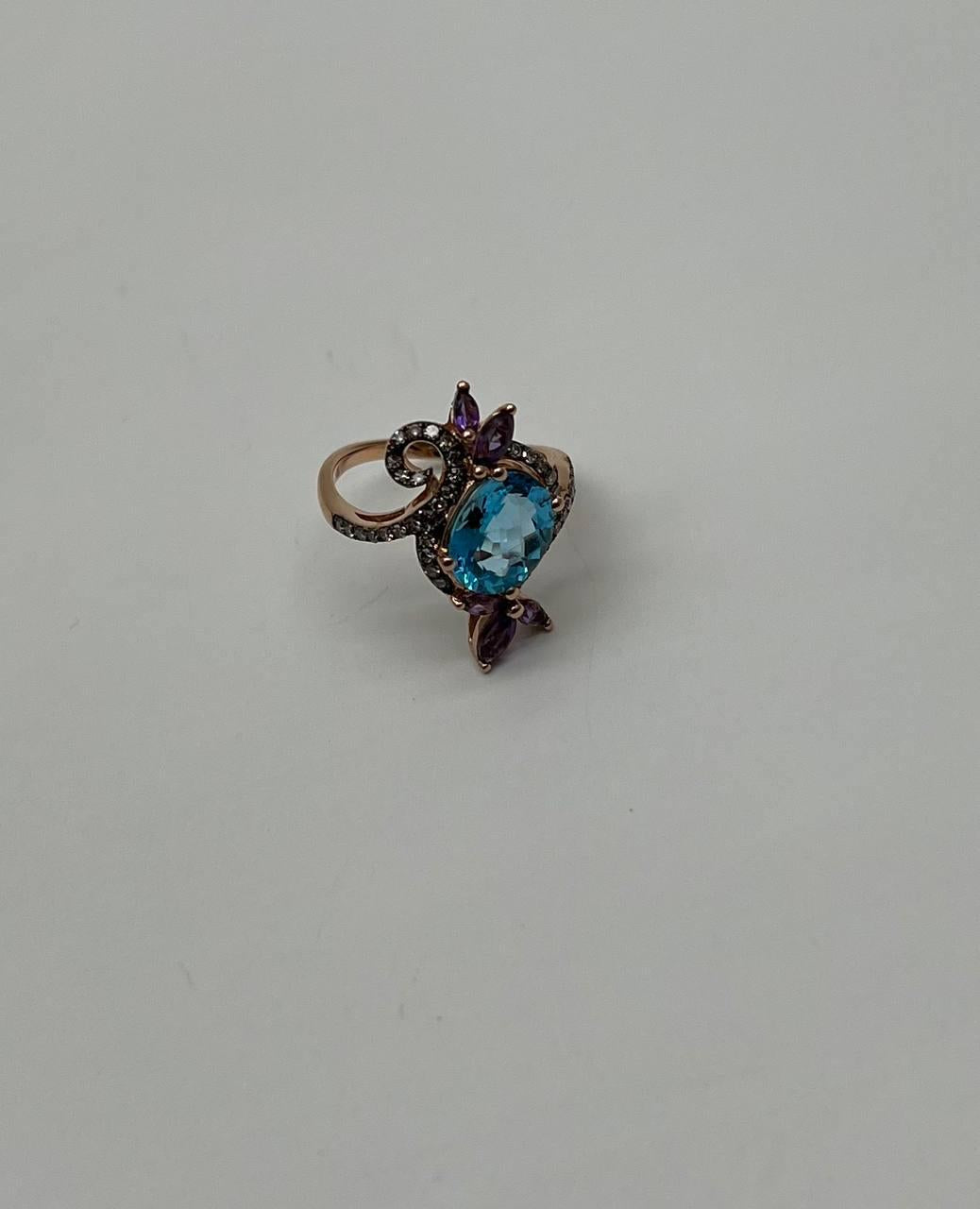 Oval Shape Swiss Blue Topaz Floral Flower Amethyst 14K Rose Gold Diamonds Ring