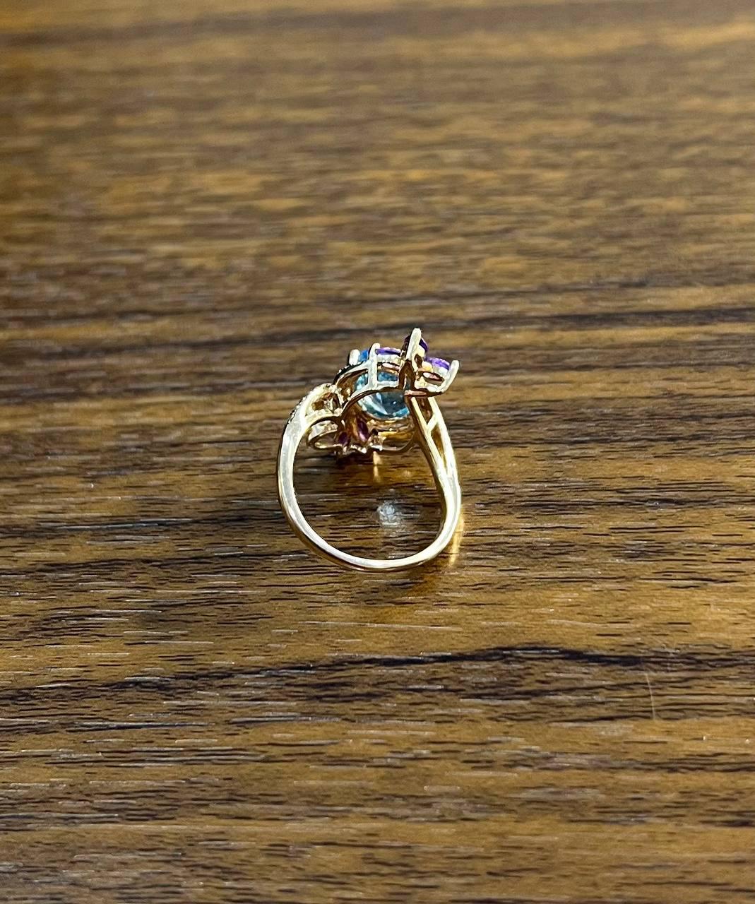 Oval Shape Swiss Blue Topaz Floral Flower Amethyst 14K Rose Gold Diamonds Ring