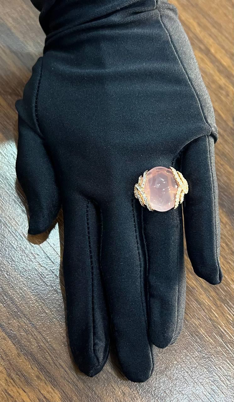 Pink Rose Quartz Cabochon Diamond Waves 14K Rose Gold Cocktail Ring